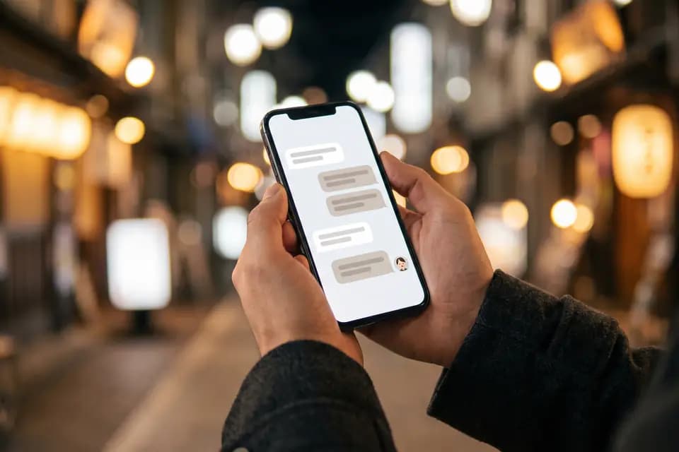 夜の街で、スマホのメッセージで相談している手元